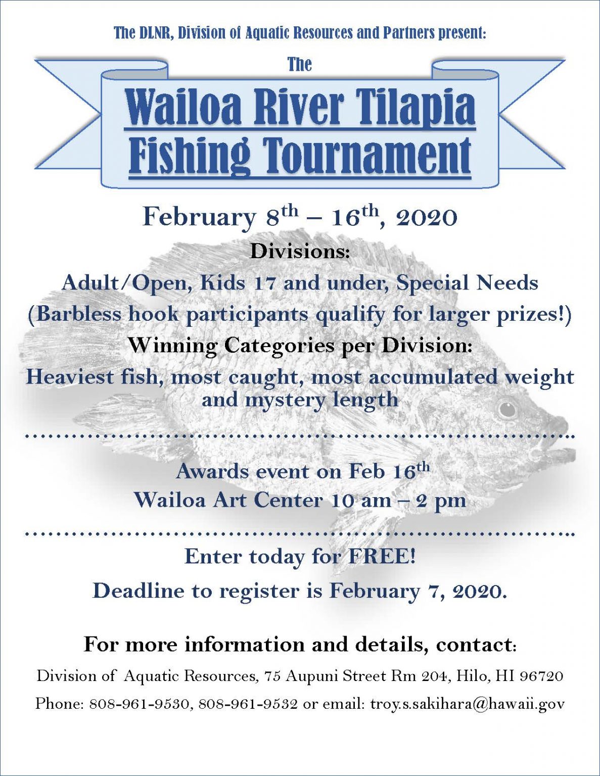 Aquatic Invasive Species Tilapia Fishing Tournament Feb. 816, 2020!