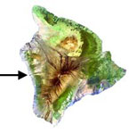 Arrow pointing to kealakekuala bay on west side of Hawaii island