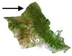 Arrow pointing to Pupukea on the north side of oahu island