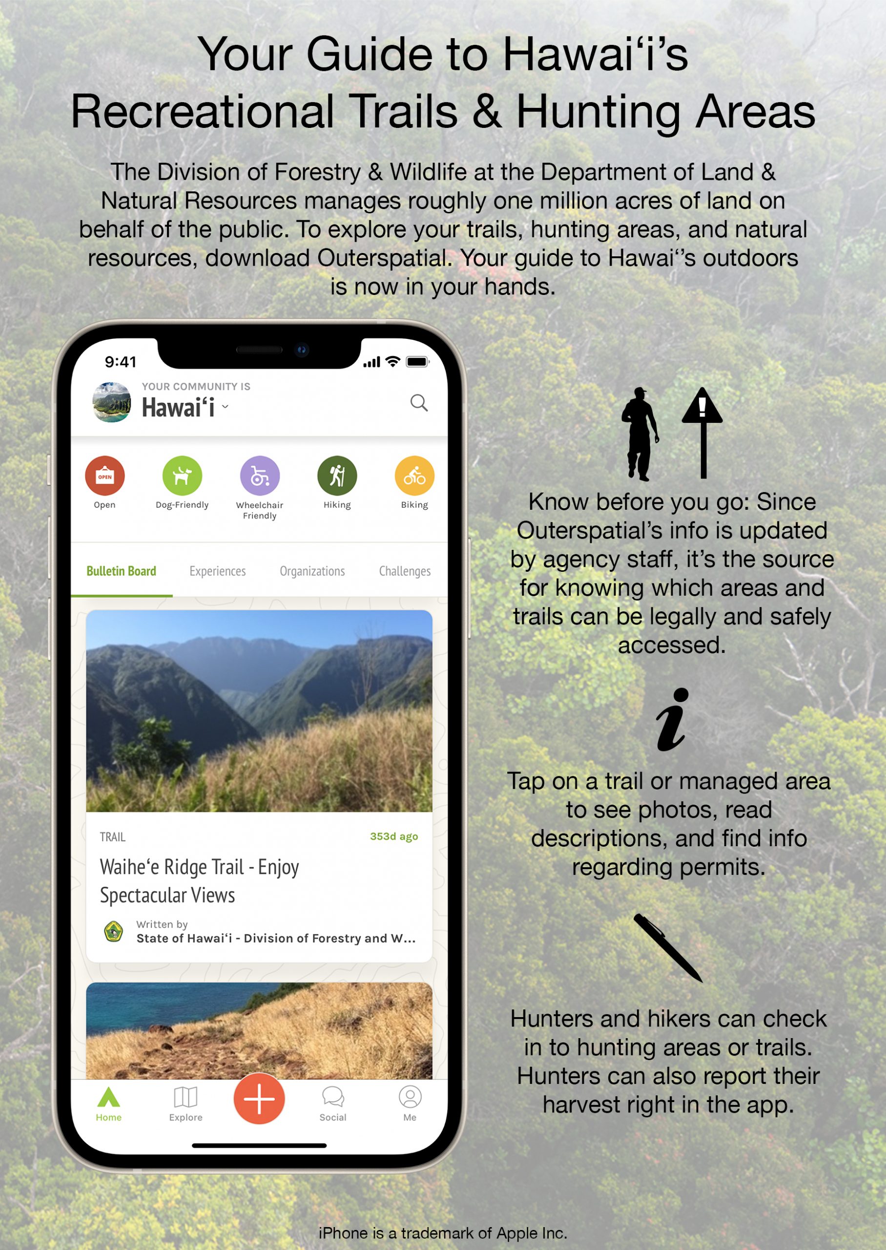 An graphic of a smartphone using the Outerspatial app on a forest background