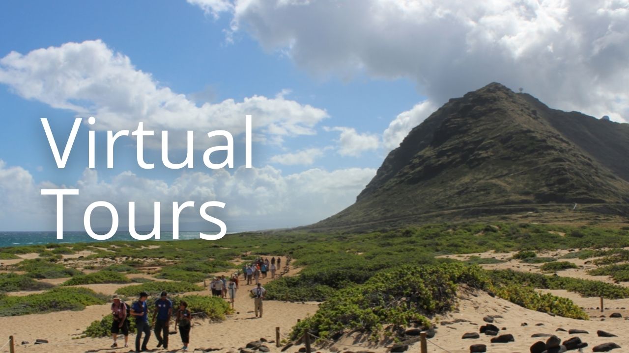 An image of Kaʻena Point with the words Virtual Tours