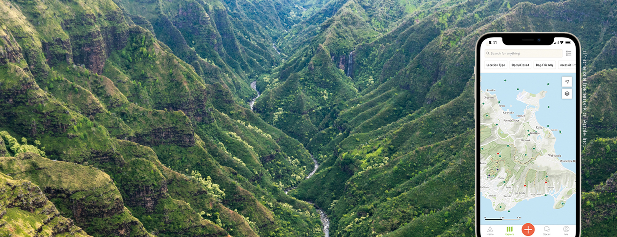 A forested valley with smartphone and app graphic linking to information about the Outerspatial app