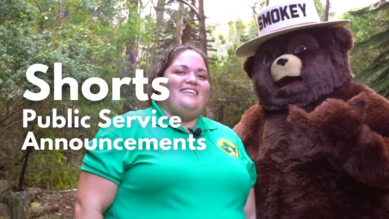 An image of Smokey Bear and staff in a public service announcement
