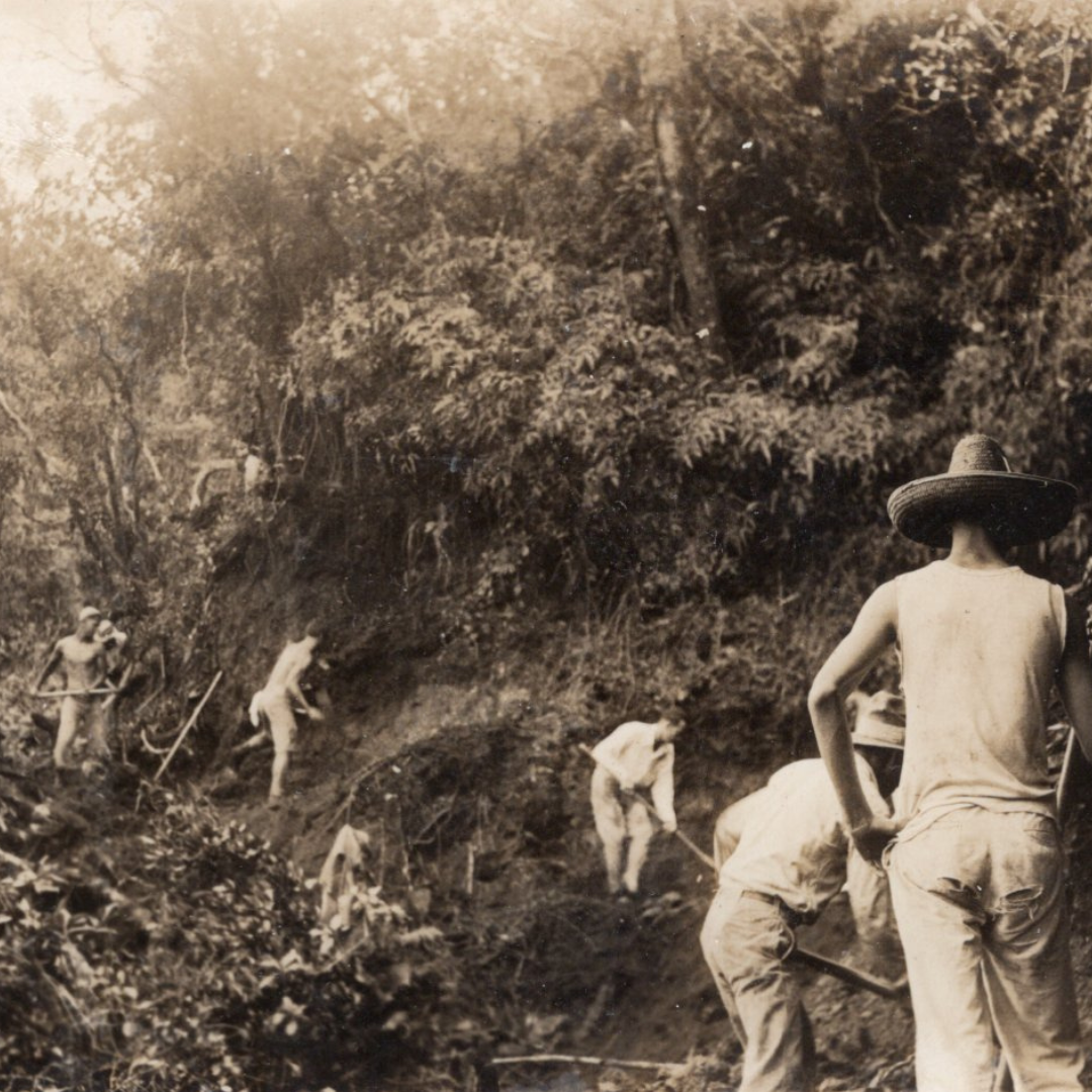 An archival photo of trailbuilding