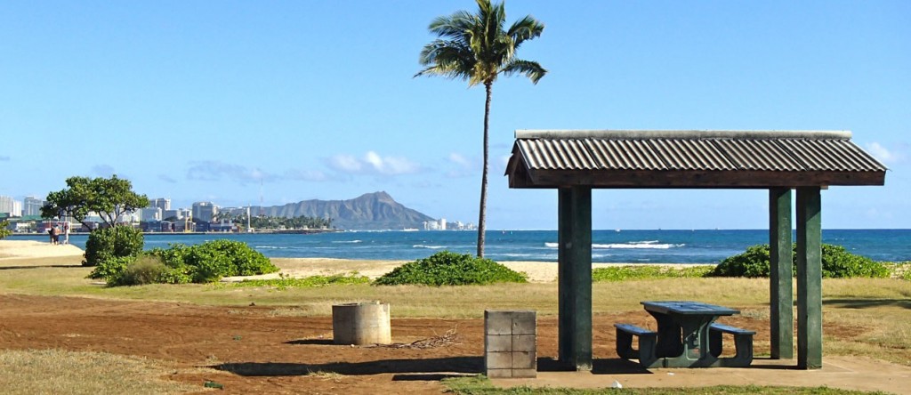 picnic table on beach with view of diamond head