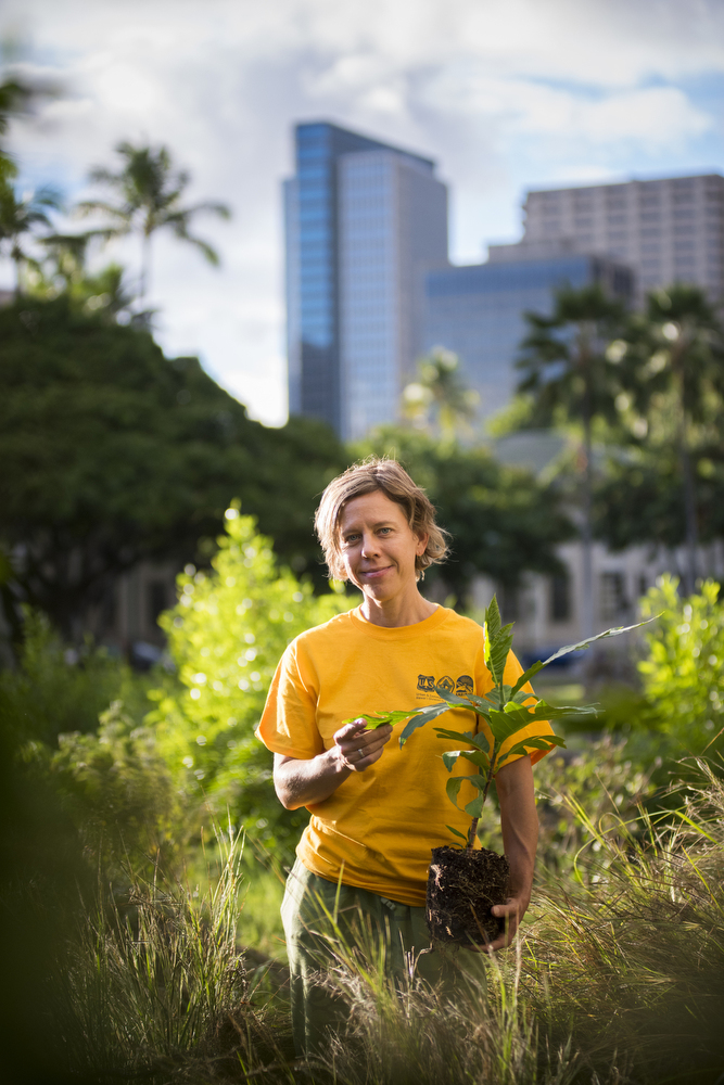 Heather MacMillan planting an Ulu tree in the native Hawaiian garden at DLNR.
