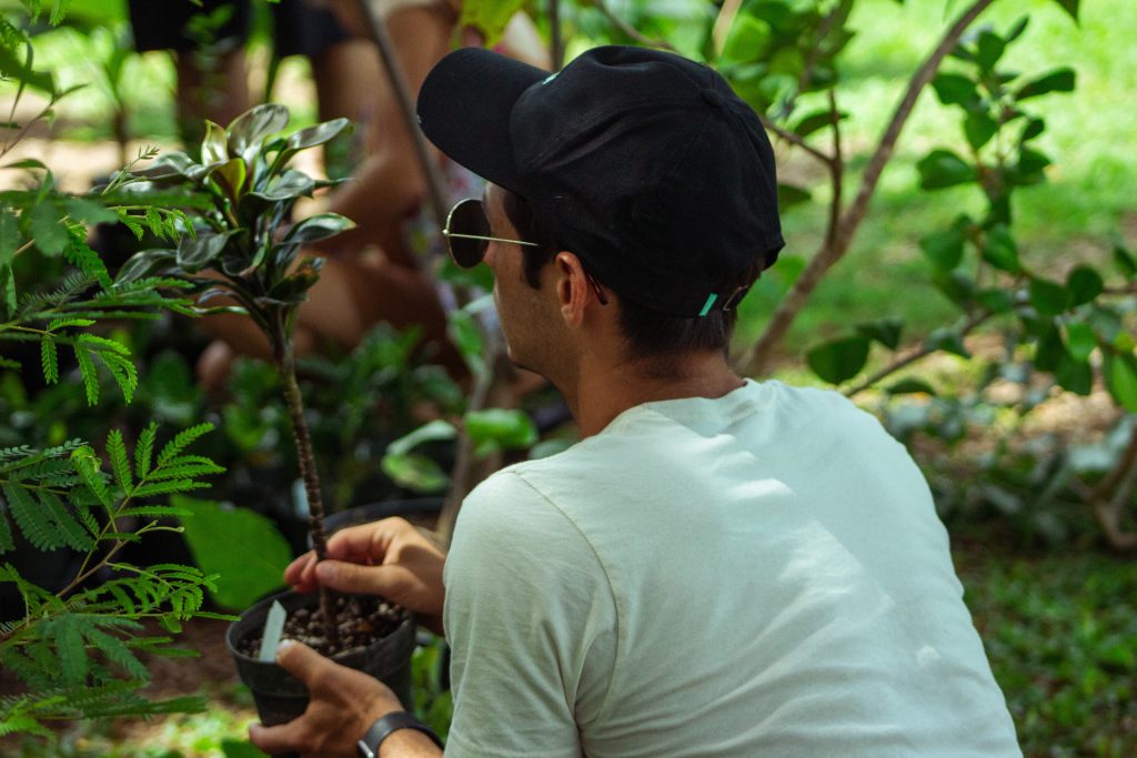 Man holds plant at Arbor Day 2022