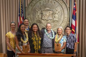 HISAM Awardees & Representatives from Hawai'i Island: Michelle Montgomery, Melody Euaparadorn (awardee), Representative Kahaloa, Governor Green, Deborah Chang (awardee), and Darcy Yogi.