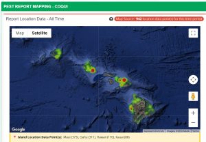 Screenshot of 643pest.org coqui reports visualized on a map of Hawaiʻi, showing hotspots.