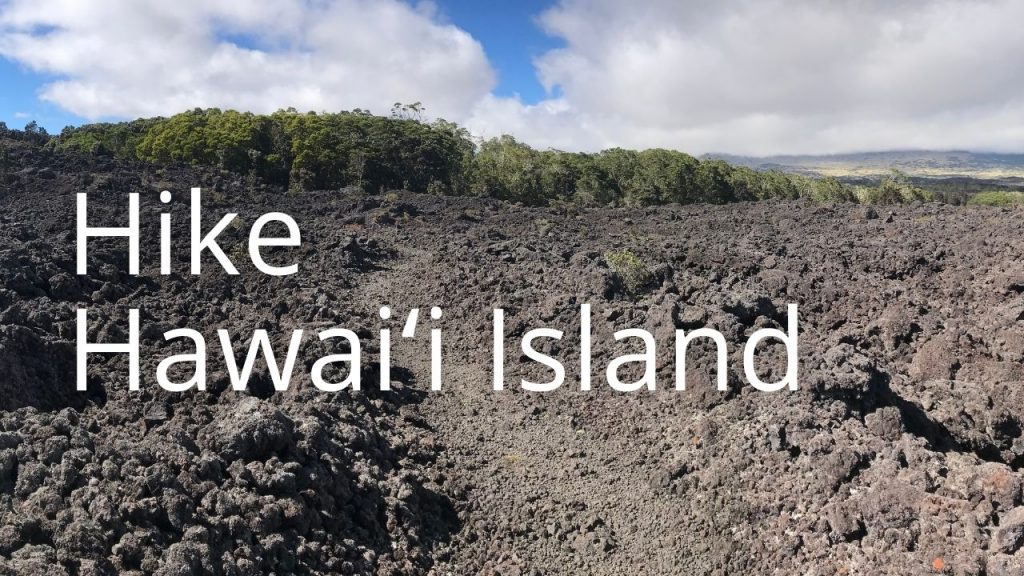 An image of the Puʻu Oʻo trail in a lava field with a kīpuka with the words Hike Hawaiʻi Island
