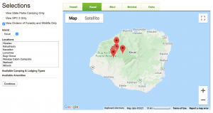 A map of Kauaʻi linking to the camping reservation site