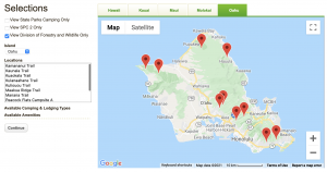 A map of Oʻahu linking to the camping reservation site