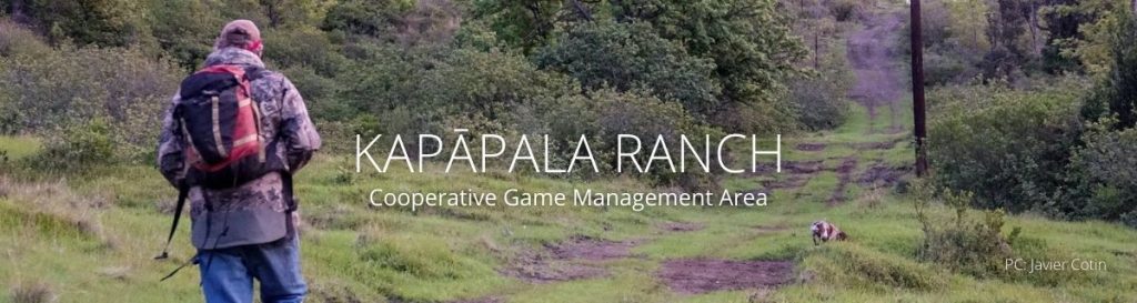 webpage header of kapapala ranch with hunter and dog