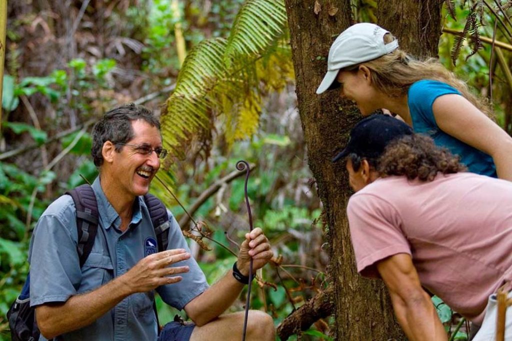 Trail tour guide showing participants the new growth of ʻuluhe