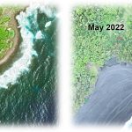 Side-by-side aerial photos of Pohiki Boat Ramp taken in May 2018 and May 2022, from cover page of Final Environmental Assessment for the Pohoiki Boat Ramp Dredging of Volcanic Debris in the Pohoiki Bay Area, Puna District, Hawaiʻi, July 2023.