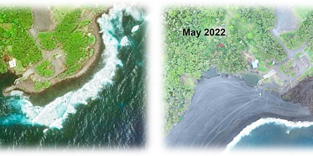 <a href="https://dlnr.hawaii.gov/blog/2025/10/23/nr25-124/">10/23/25 – DLNR UPDATE ON POHOIKI BOAT RAMP<br /><span>Read More<span class="fa3icon icon-signin"></span></span></a> Side-by-side aerial photos of Pohiki Boat Ramp taken in May 2018 and May 2022, from cover page of Final Environmental Assessment for the Pohoiki Boat Ramp Dredging of Volcanic Debris in the Pohoiki Bay Area, Puna District, Hawaiʻi, July 2023.