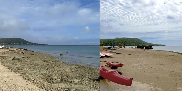 Two photos showing an area of the Maunalua Bay Boat Ramp before the 2025-2026 Maunalua Bay Improvement Project and the same location after project improvements were completed.