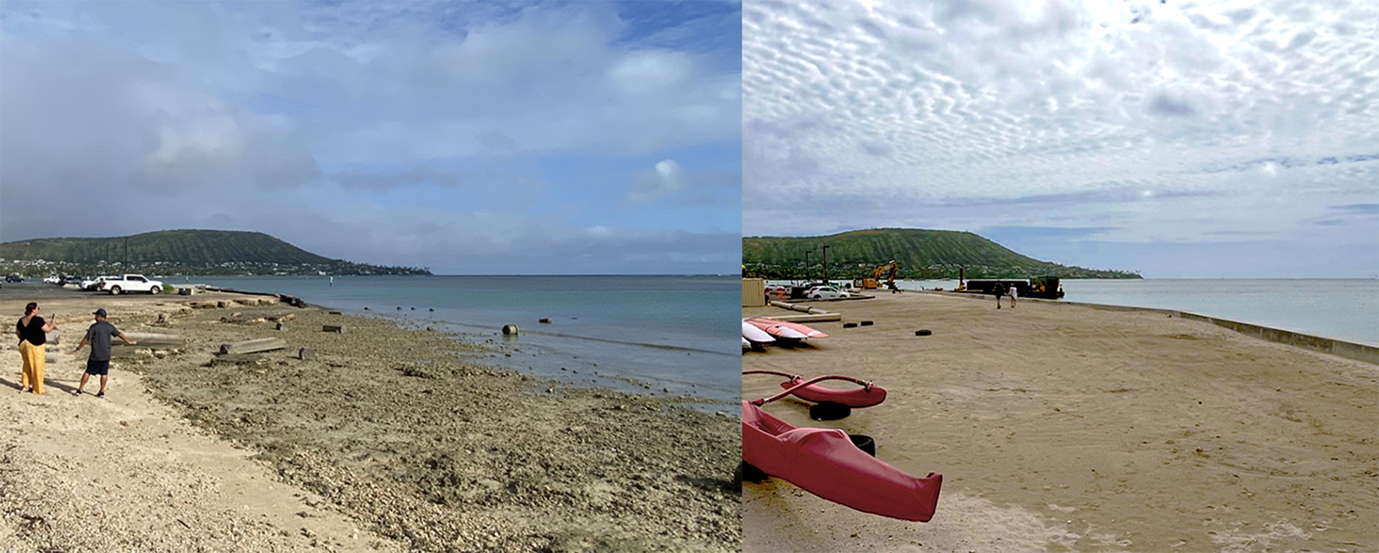 Two photos showing an area of the Maunalua Bay Boat Ramp before the 2025-2026 Maunalua Bay Improvement Project and the same location after project improvements were completed.
