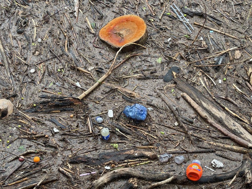 A close-up of debris in the Ala Wai Canal, including a detergent bottle, bottled water container, soda bottles, and a large chainsawed log, 03-15-2026.