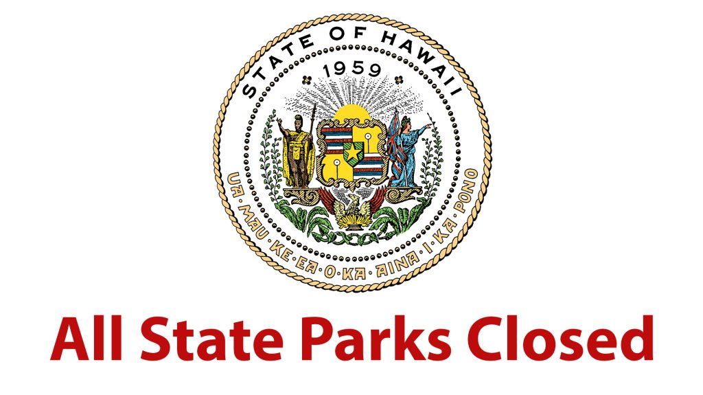 Hawaii State Seal top center on white background, message below in red text: "All State Parks Closed"