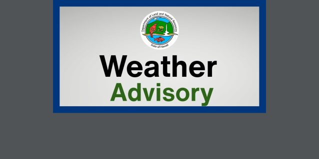 Square charcoal gray banner with navy blue square border, off white-gray inside, the Department of Land & Natural Resources logo top center and center aligned below that the words 