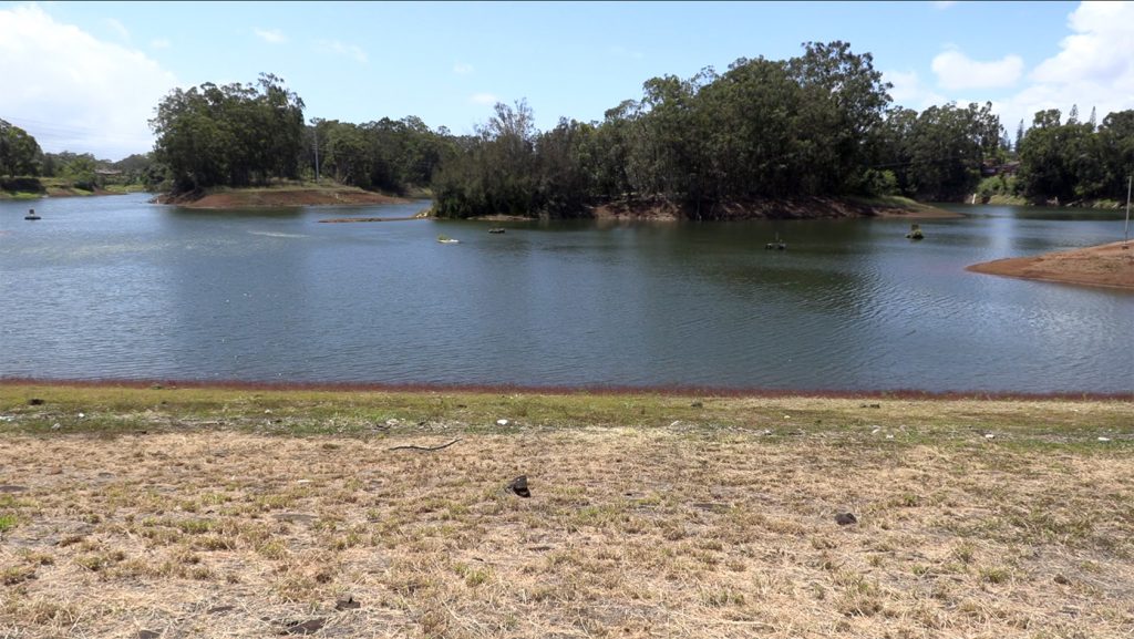 Photo from shore overlooking the water of Wahiawā Reservoir (also known as Lake Wilson), 05-12-2022.