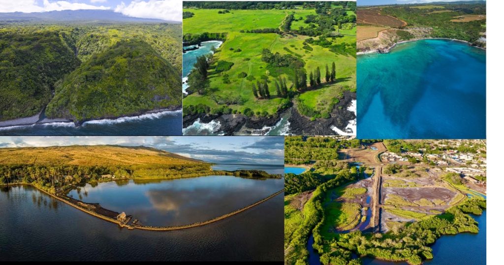 Compilation of 5 photos showing aerial views of: East Maui Coastal Forest, Haneo'o Aina, Honolua Bay, Kalokoeli shoreline and fishpond, and Kaunakahakai