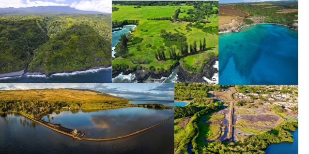 Compilation of 5 photos showing aerial views of: East Maui Coastal Forest, Haneo'o Aina, Honolua Bay, Kalokoeli shoreline and fishpond, and Kaunakahakai