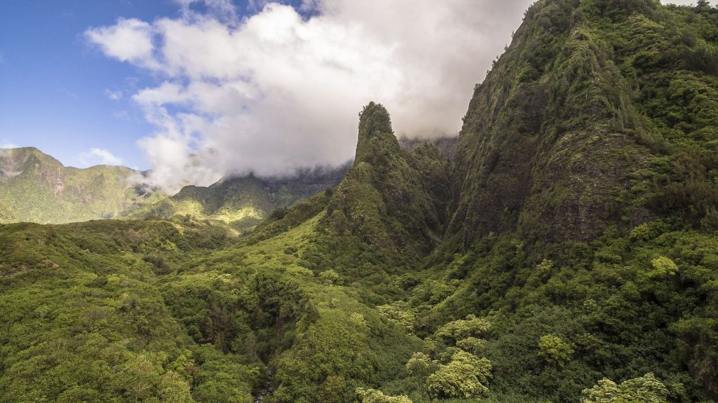 Aerial view of Iao Valley's iconic needle, a 1,200-foot-tall basalt pinnacle.