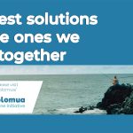Blue banner with "The best solutions are the ones we build together" at top left, QR code in top right corner, Holomua URL and logos bottom left, and two fishers on rocky shore bottom right.