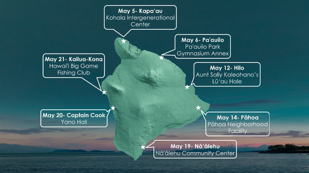 Image of pre-dawn sky over the ocean, overlayed with a graphic of the Hawaii Island with white stars with speech bubbles next to them with dates and locations of the May 2026 Holomua Marine Initiative meetings.