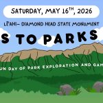 Colorful flyer showing a computer generated image of a view of the east-facing view of Diamond Head State Monument, information about the Kids to Parks Day event.