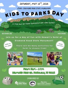 Colorful flyer showing a computer generated image of a view of the east-facing view of Diamond Head State Monument, information about the Kids to Parks Day event, and photos of people and activities from previous events.