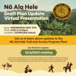 Invitation to public: "Join us to learn about updates to the Na Ala Hele Trail and Access Program Plan!" with image of a cliff trail above and the link to register for the Zoom meeting below.